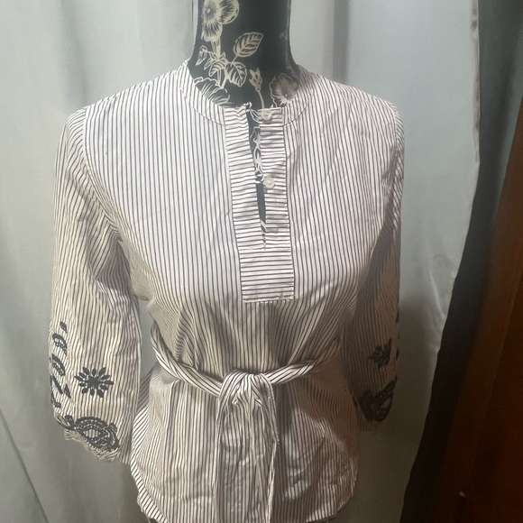 J. Crew Gray Tie Front Embellished Blouse with Mandarin Collar - Picture 6 of 8